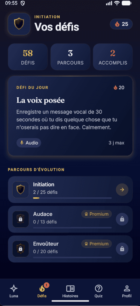 Écran Défis — parcours d’évolution et défi du jour