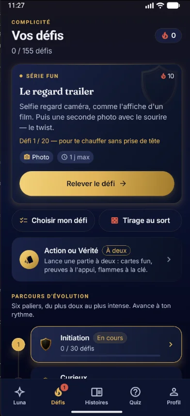 Capture Ozer — écran Défis et action ou vérité