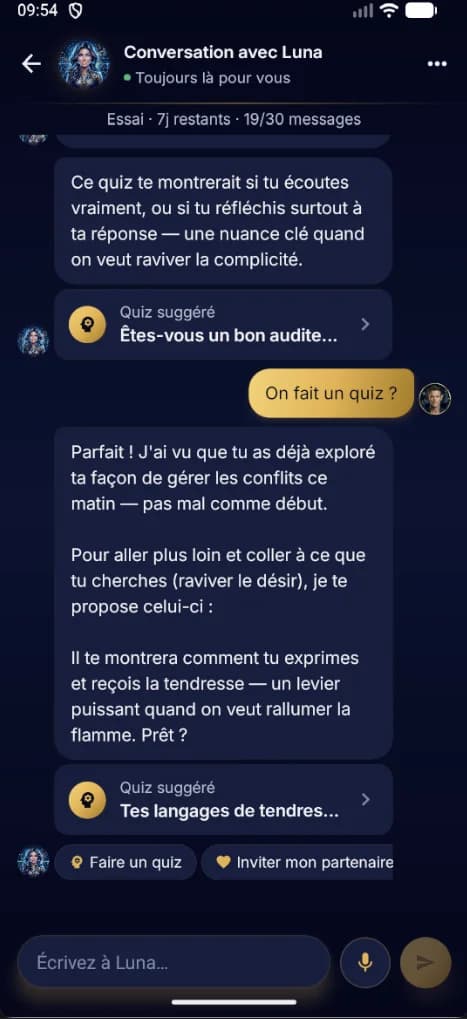 Capture Ozer — conversation avec Luna dans la messagerie